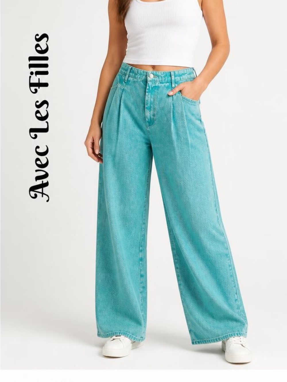Avec Les Filles Womens Jeans Size 28 High Waist Wide Leg Aloe Mist Pleated